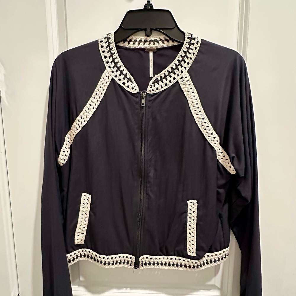 Free People crochet bomber jacket in charcoal with cream crochet trim